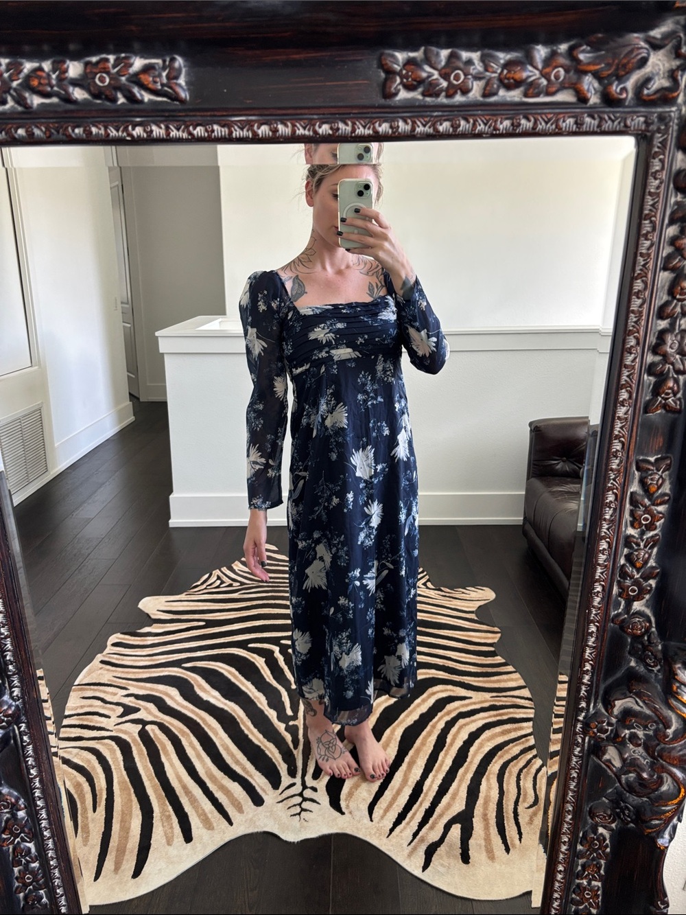 Abercrombie & Fitch Navy Floral Long-Sleeve Midi Dress